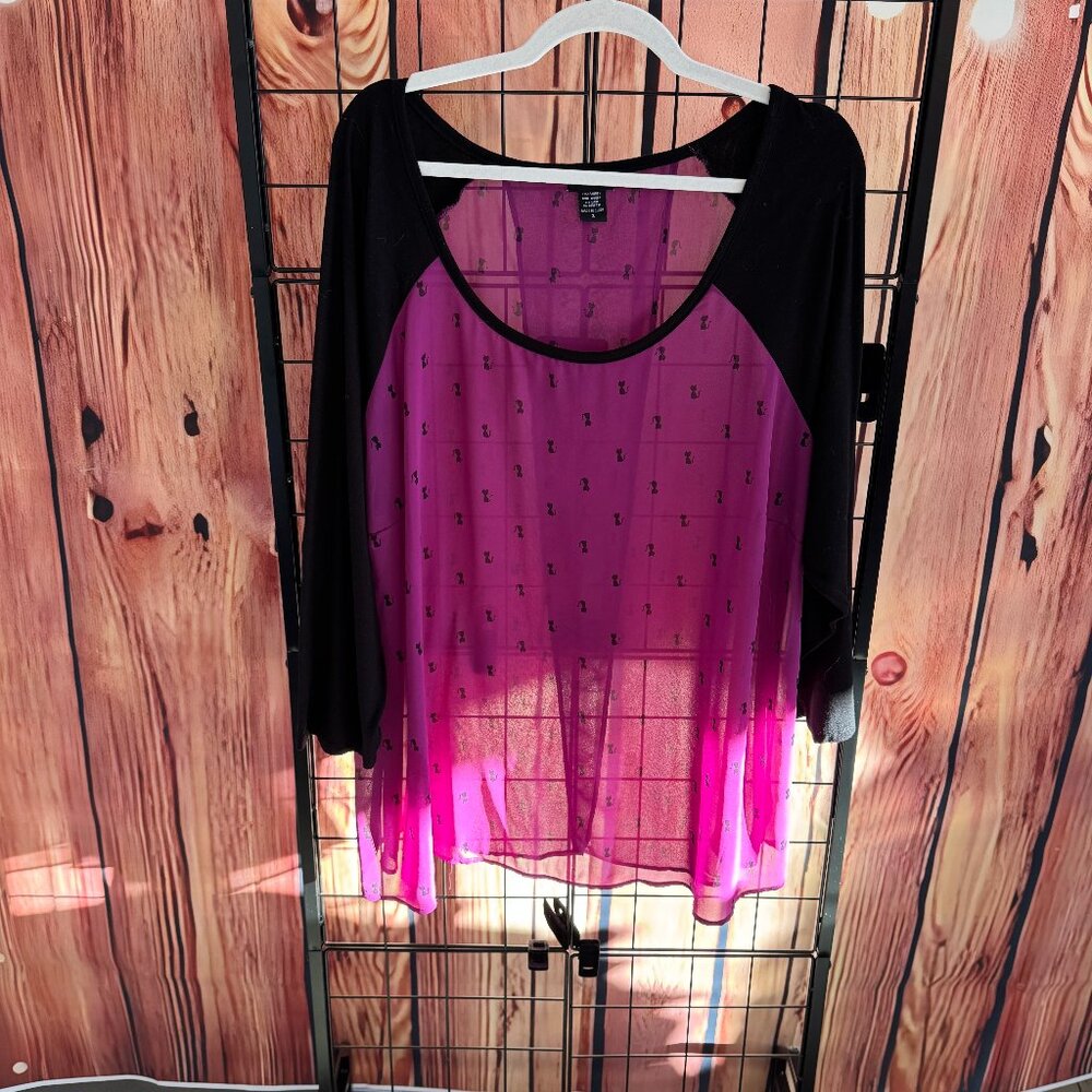 Torrid - Sheer Blouse with Cats - Pink, Black - 3x